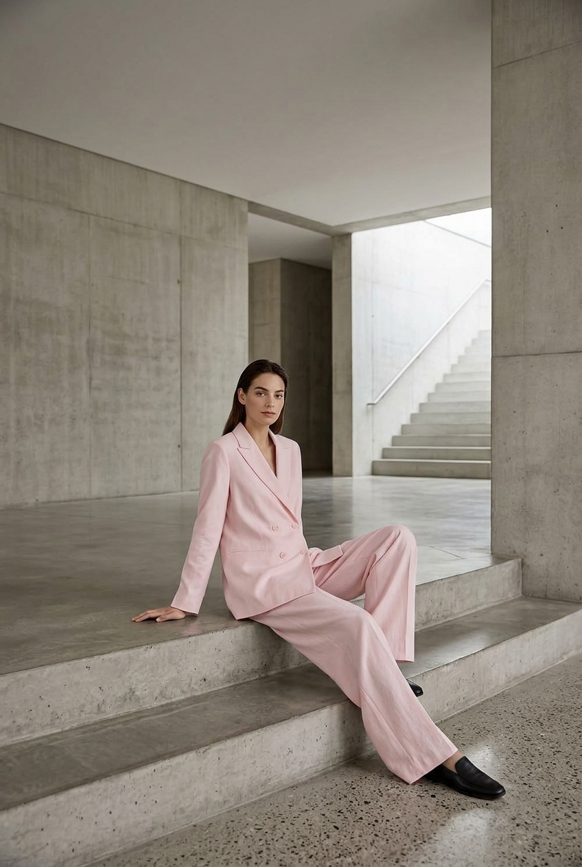 Model moving in the UNSTRCT women's off white double breasted suit