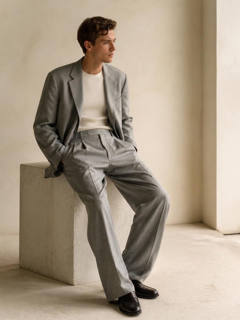 Model seated in a light grey UNSTRCT suit