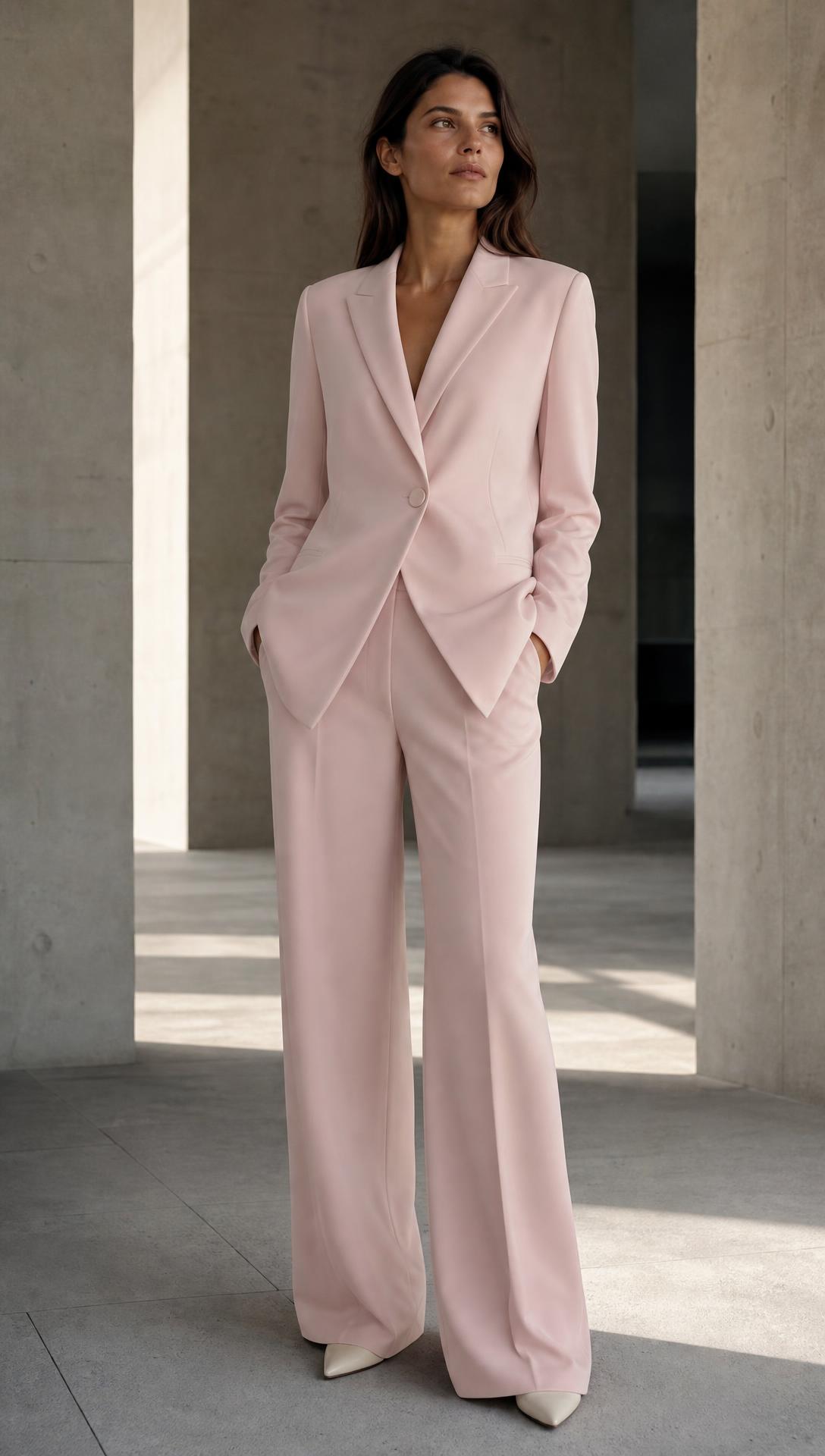 Model wearing the UNSTRCT women's baby pink relaxed single-breasted suit